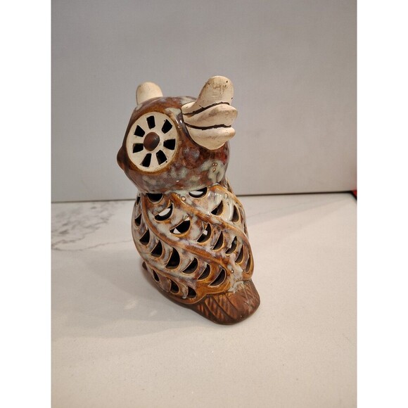 Owl Ceramic Gray & Brown Glazed Incense Tea Light Candle Holder 5 1/2" - Picture 3 of 10